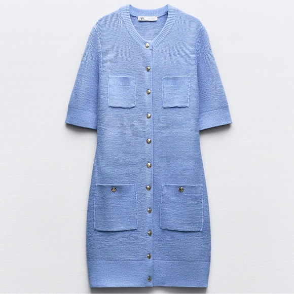 Blue knit sweater dress with buttons - Picture 2 of 7